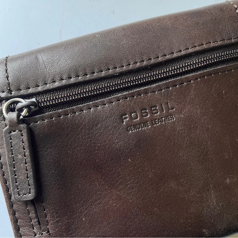 Y2K Vintage FOSSIL Brown Genuine Leather Trifold Wallet Organizer Card Slot Coin - Picture 9 of 9